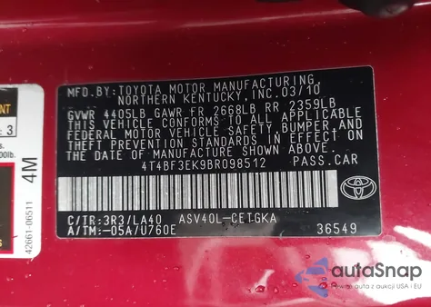 2011 Toyota Camry Xle из США, поврежденный, VIN 4T4BF3EK9BR098512